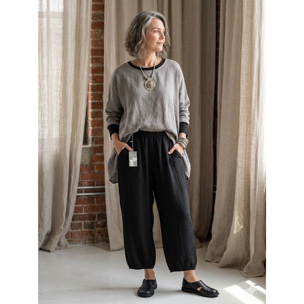 NWT Habitat Clothes To Live In Black Crinkle Pull On Lantern Pants Lagenlook XL
